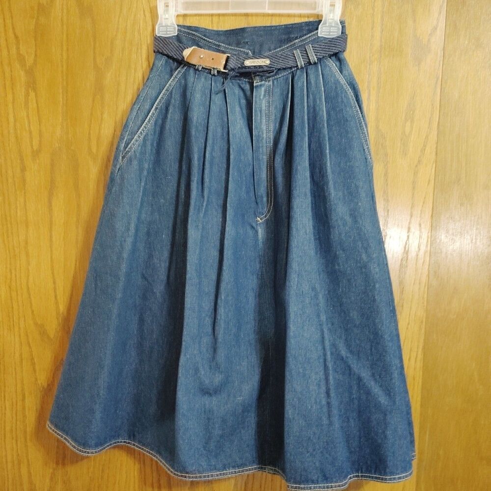 Vintage Sasson A-Line Flare Midi Jean Skirt Sz 8 Blue Denim Belt Pleats 80s Read